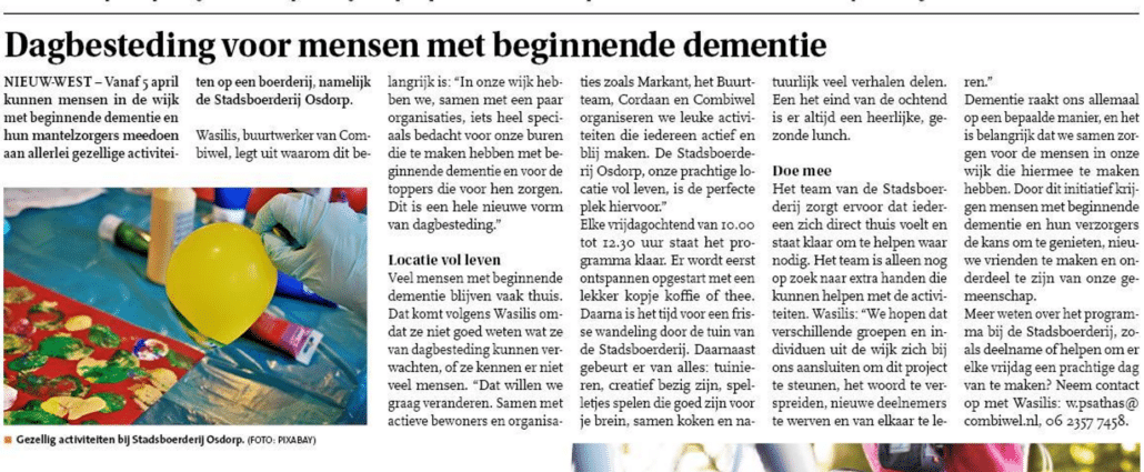 Dagbesteding voor mensen met dementie in Amsterdam Nieuw-West - bron Westerpost